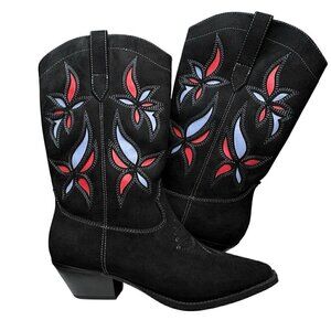 Cowgirl Boots Black Vegan Suede Western Mid Calf Floral Detail Women’s 9.5 NEW